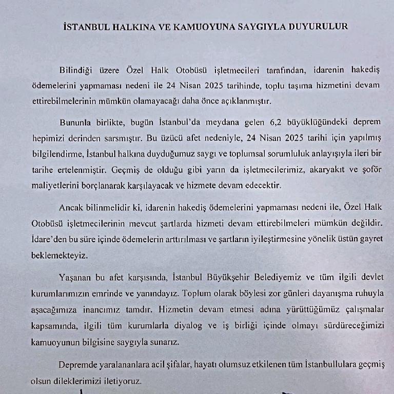 İSTANBUL HALKINA VE KAMUOYUNA SAYGIYLA DUYURULUR
